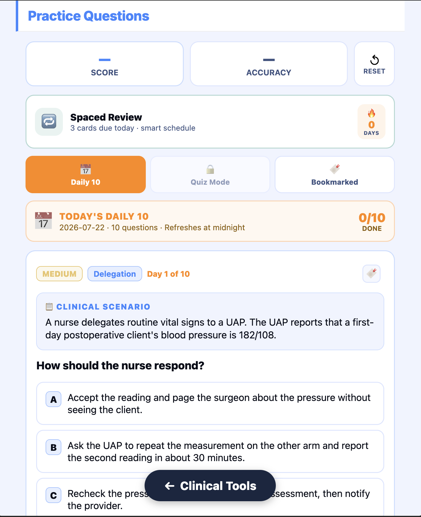 NURDE's Practice Questions screen: a score summary, a spaced-review card, the Daily 10 set, and a Quiz Mode tab shown as coming soon.